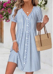 Light Blue Striped Short Tuck Stitch V Neck Dress
