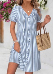 Light Blue Striped Short Tuck Stitch V Neck Dress | thumb picture 