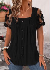 Black Pleated Short Sleeve Square Neck Blouse | thumb picture 