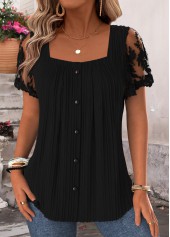 Black Pleated Short Sleeve Square Neck Blouse