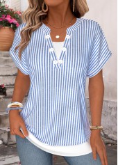Blue Striped Fake 2in1 Short Sleeve T Shirt