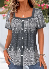 Dark Grey Geometric Print Pleated Short Sleeve Blouse