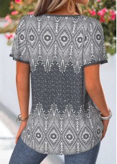 Dark Grey Geometric Print Pleated Short Sleeve Blouse | thumb picture 