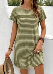 Green Striped Short Round Neck Dress