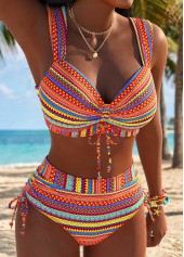 Multi Color Mid Waisted Ruched Tribal Print Bikini Set