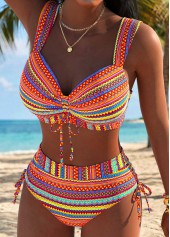 Multi Color Mid Waisted Ruched Tribal Print Bikini Set | thumb picture 
