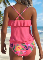 Peach Red Mid Waisted Ruffle Floral Print Tankini Set | thumb picture 
