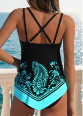 Cyan Mid Waisted Ruched Tribal Print Tankini Set | thumb picture 