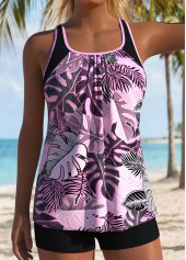 Blue Mid Waisted Two-piece Leaf Print Tankini Set