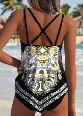 Black Mid Waisted Ruched Random Floral Print Tankini Top-No Bottom | thumb picture 