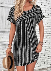 Black Striped Patchwork Short Sleeve Round Neck Dress