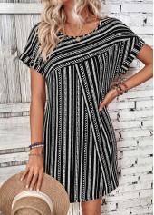 Black Striped Patchwork Short Sleeve Round Neck Dress | thumb picture 