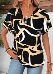 Black Geometric Print Tummy Coverage Short Sleeve T Shirt | thumb picture 
