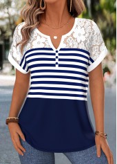 Navy Striped Tummy Coverage Short Sleeve Split Neck Blouse
