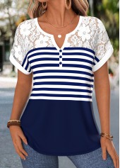 Navy Striped Tummy Coverage Short Sleeve Split Neck Blouse | thumb picture 