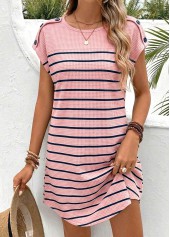 Pink Striped Short Round Neck Dress