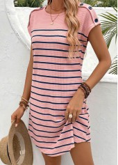 Pink Striped Short Round Neck Dress | thumb picture 