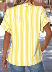 Yellow Striped Ruffle Short Sleeve Shirt Collar Blouse | thumb picture 