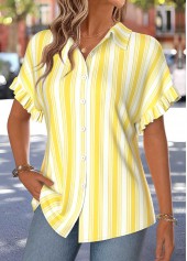 Yellow Striped Ruffle Short Sleeve Shirt Collar Blouse | thumb picture 