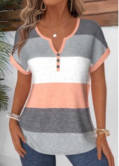 Dusty Pink Striped Tummy Coverage Short Sleeve Blouse