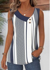 Navy Striped Patchwork Sleeveless Asymmetrical Neck Tank Top
