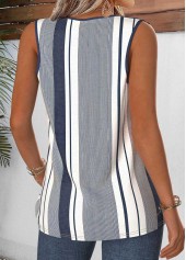Navy Striped Patchwork Sleeveless Asymmetrical Neck Tank Top | thumb picture 