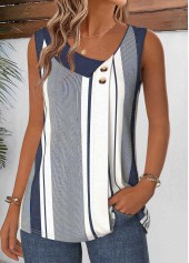 Navy Striped Patchwork Sleeveless Asymmetrical Neck Tank Top | thumb picture 