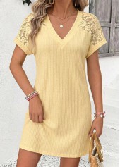 Light Yellow Short Patchwork V Neck Dress