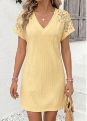 Light Yellow Short Patchwork V Neck Dress | thumb picture 