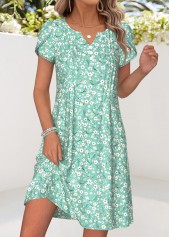Green Ditsy Floral Print Short Tuck Stitch Dress