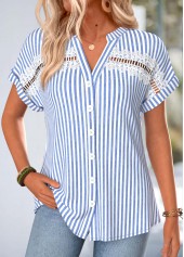 Blue Striped Button Short Sleeve Split Neck Blouse