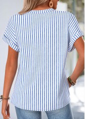 Blue Striped Button Short Sleeve Split Neck Blouse | thumb picture 