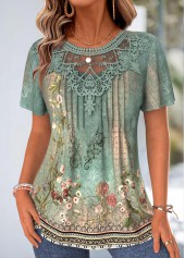 Green Tribal Print Tuck Stitch Short Sleeve T Shirt