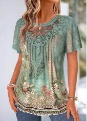 Green Tribal Print Tuck Stitch Short Sleeve T Shirt | thumb picture 