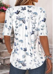 Blue Floral Print Ruffle Half Sleeve V Neck Blouse | thumb picture 