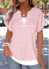 Pink Striped Fake 2in1 Short Sleeve T Shirt