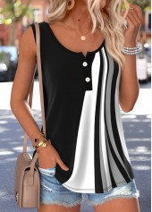 Black Geometric Print Button Sleeveless Round Neck Tank Top