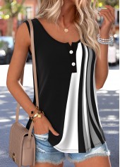 Black Geometric Print Button Sleeveless Round Neck Tank Top | thumb picture 