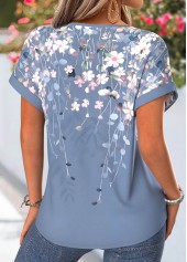 Blue Floral Print Tuck Stitch Short Sleeve T Shirt | thumb picture 