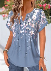 Blue Floral Print Tuck Stitch Short Sleeve T Shirt | thumb picture 