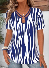 Navy Striped Curved Hem Short Sleeve T Shirt