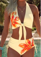 Light Yellow Mid Waisted Ruched/shirred Floral Print Bikini Set | thumb picture 