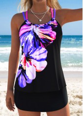 Black Mid Waisted Lace Up Floral Print Tankini Set