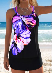 Black Mid Waisted Lace Up Floral Print Tankini Set | thumb picture 
