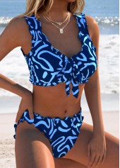 Navy Mid Waisted Scalloped Hem Geometric Print Bikini Set