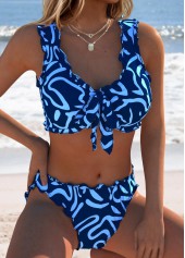 Navy Mid Waisted Scalloped Hem Geometric Print Bikini Set | thumb picture 