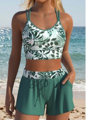 Green Mid Waisted Layered Leaf Print Bikini Set