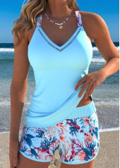 Navy Mid Waisted Tummy Coverage Leaf Print Tankini Set