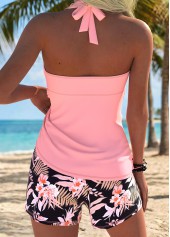 Pink Mid Waisted Surplice Tropical Plants Print Tankini Set | thumb picture 