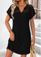 Black Short Button Split Neck Dress